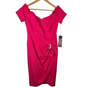 Vintage Alex Evenings Off The‎ Shoulder Cocktail Dress Rhinestone Bow Fuchsia 10